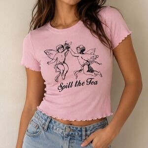 Grayson Social Spill the Tea Cherub Pink Ribbed Lettuce Trim Baby Tee Shirt M ff